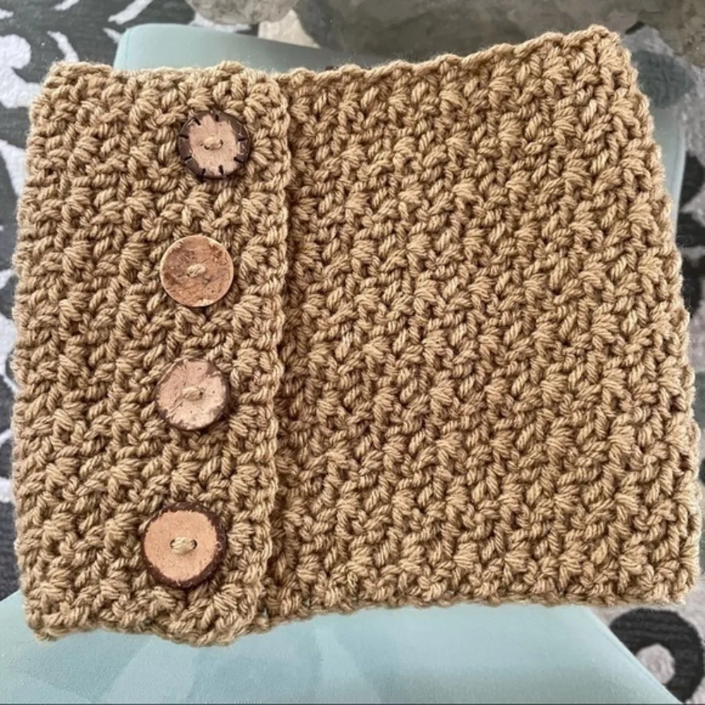 Handmade Salted Caramel Taupe Cowl Statement Scarf Button Accent Knit Crochet